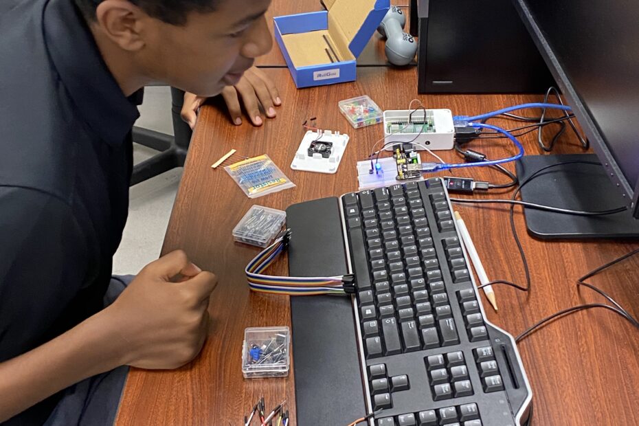 Ahadut Mengesha works on his Raspberry Pi computer at camp in summer 2021. Raspberry Pi camp is an introduction to physical computing using the Python programming language and a Raspberry Pi single board computer.