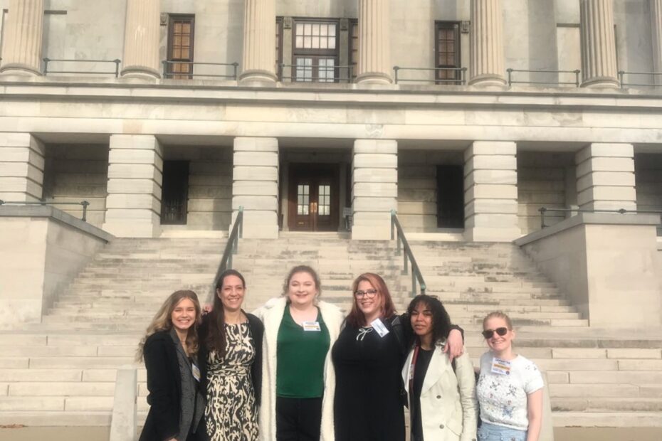 Anika Schultz, Erin Russell, Aundrea Harding, Schylar Long, Caity Southall and Samantha Russell outside the Tennessee State Capitol in Nashville