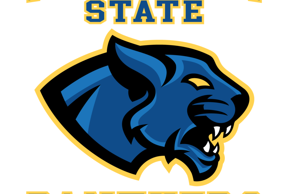 Panther athletic logo with blue panther head with teeth bared
