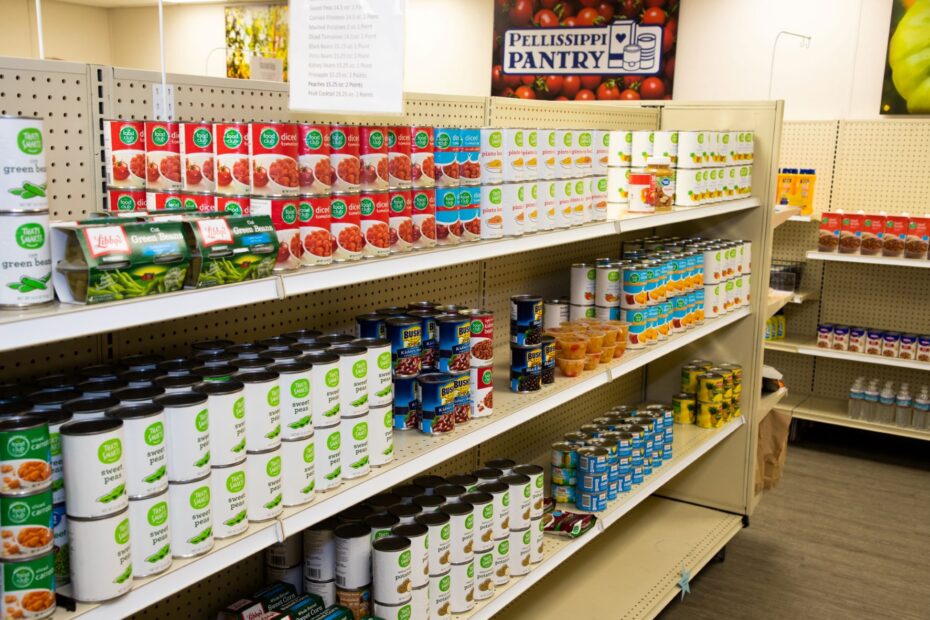 Canned food on shelves of Pellissippi State's new walk-in pantry, fall 2022