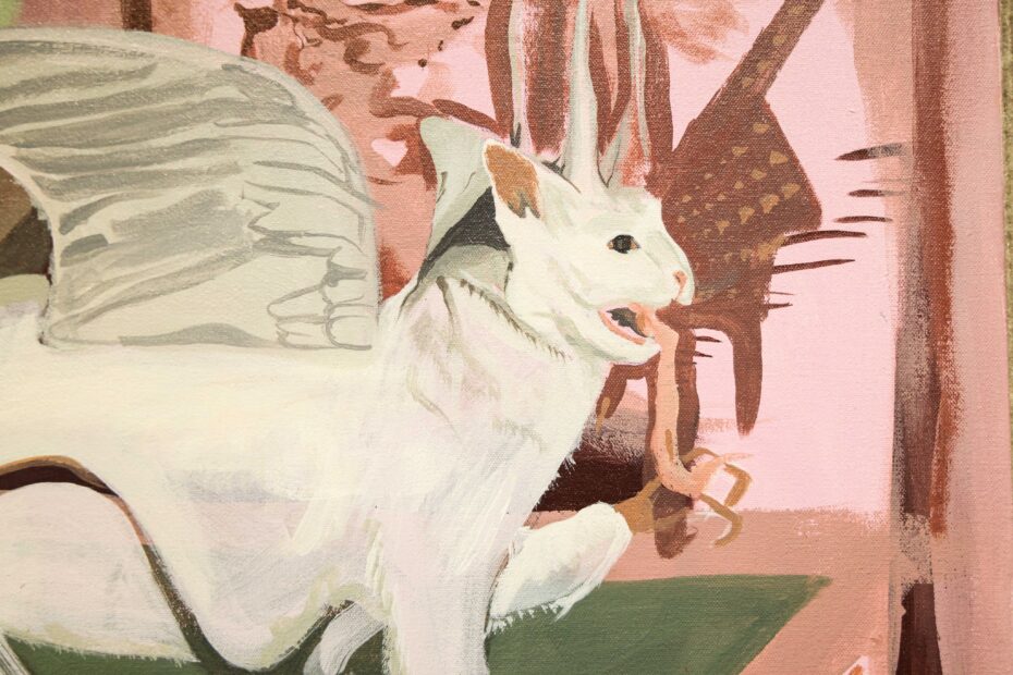 Painting of a white cat with large wings