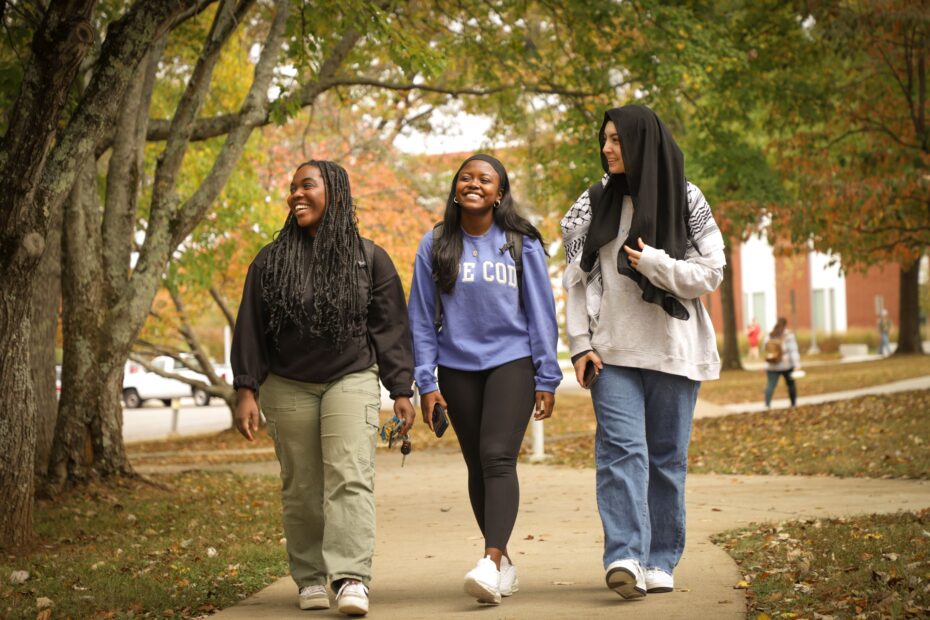 Three female students walk on Pellissippi State's Hardin Valley Campus in fall 2023.