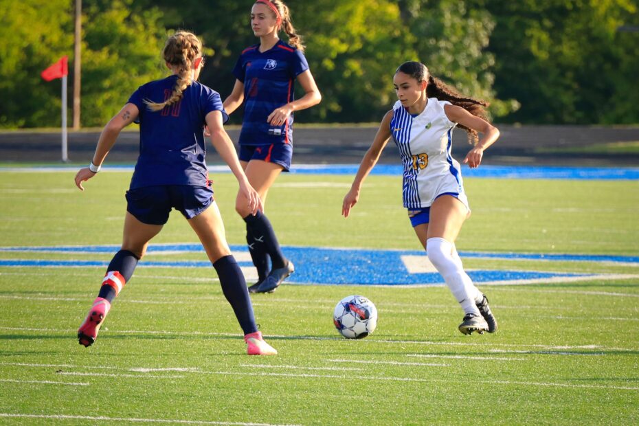 Pellissippi State's Sade Lee, far right, drives the ball past Dyersburg State soccer players at a match in September 2023.